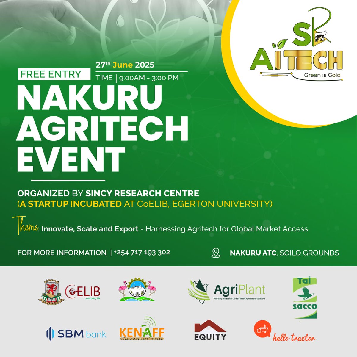 🤝 KENAFF is proud to co-host #AgritechNakuru2025 with Sincy Research Center – Egerton University!

We’ll be supporting farmer data rights, ethical agritech, and digital inclusion at the launch of the #BEACONProject. 🌱📲
#KENAFFInAction #DigitalFarming #FarmerFirst