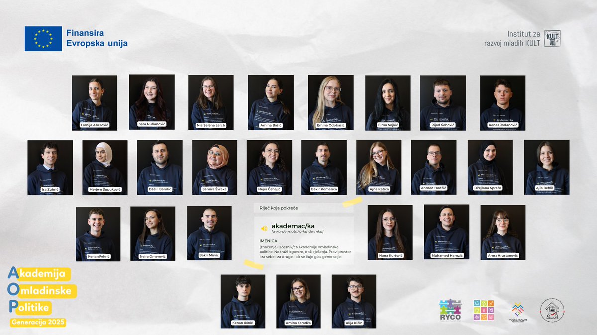 Akademija omladinske politike 2025. #AOP2025

Mladi iz cijele BiH, različiti putevi, ista ideja: razumjeti sistem, učestvovati i mijenjati na bolje!

<a href="/eubih/">EU in Bosnia and Herzegovina</a> @institut_kult <a href="/rycowb/">RYCO Western Balkans</a> <a href="/vijecemladih/">Vijeće mladih Federacije BiH</a> @mreza_mocart_rs <a href="/asubih/">Asocijacija srednjoškolaca u Bosni i Hercegovini</a>
#InstitutKULT #mladi #EU #vijecemladih