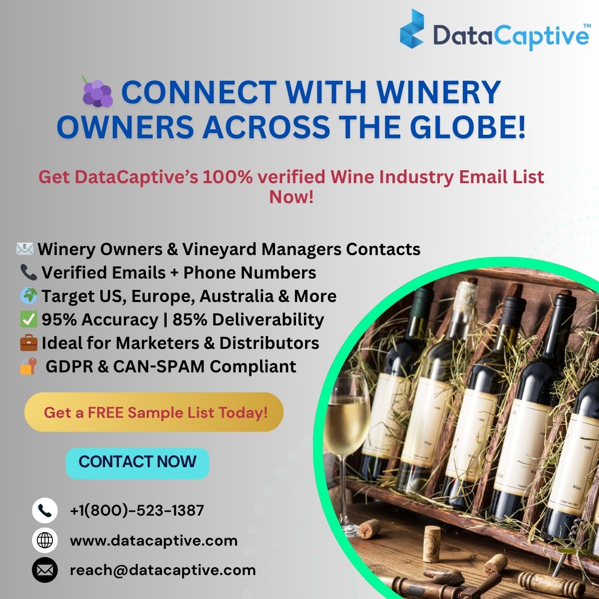 RubyMathew007's tweet image. 🍇 Target winery owners with 100% verified Wine Industry Email List!

📧 Verified Emails + ☎️ Phone numbers
🌍 Global reach | 95%+ Data Accuracy
🎯 Ideal for wine marketers &amp;amp; suppliers

👉 Get your FREE sample at @DataCaptive-tinyurl.com/278kwekt

#WineLeads #WineryMarketing