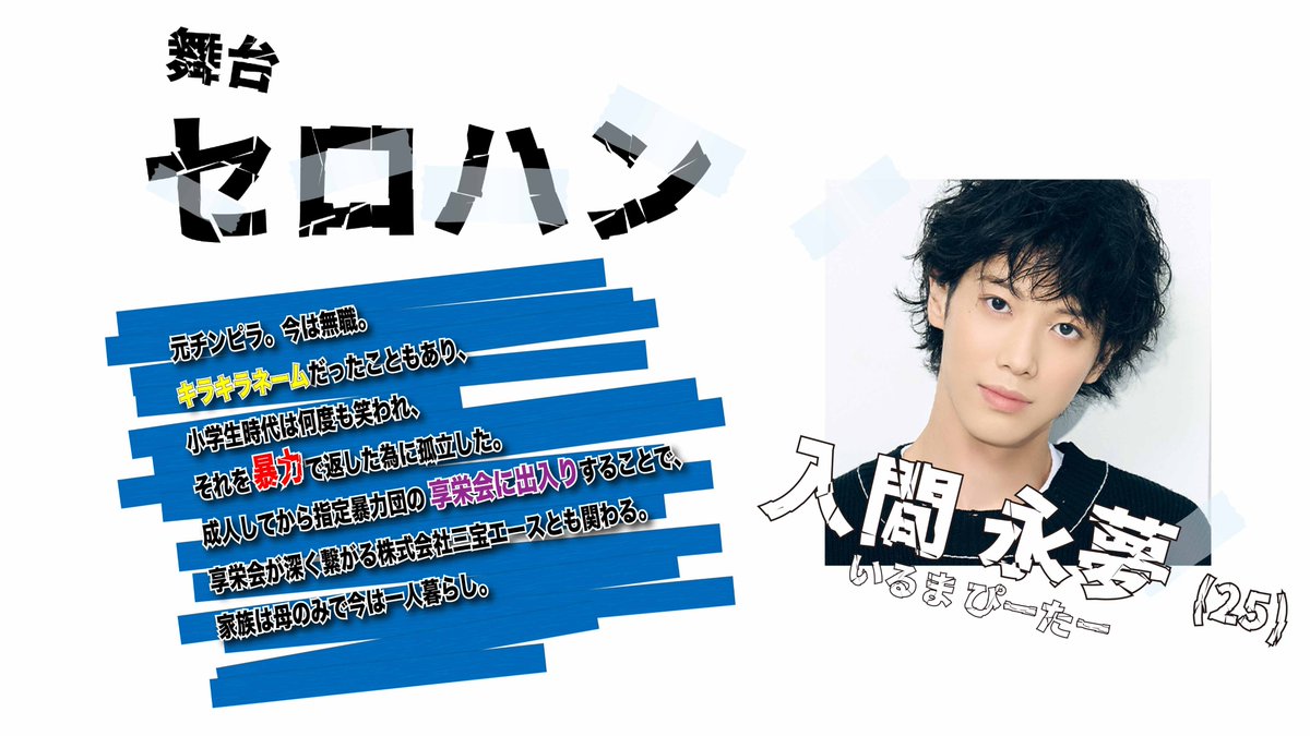 DeLIGHT0519's tweet image. ╔═════════╗
キャラクター紹介②
╚═════════╝
入間永夢 役…國島直希
【入間 永夢(いるま ぴーたー・25)】…