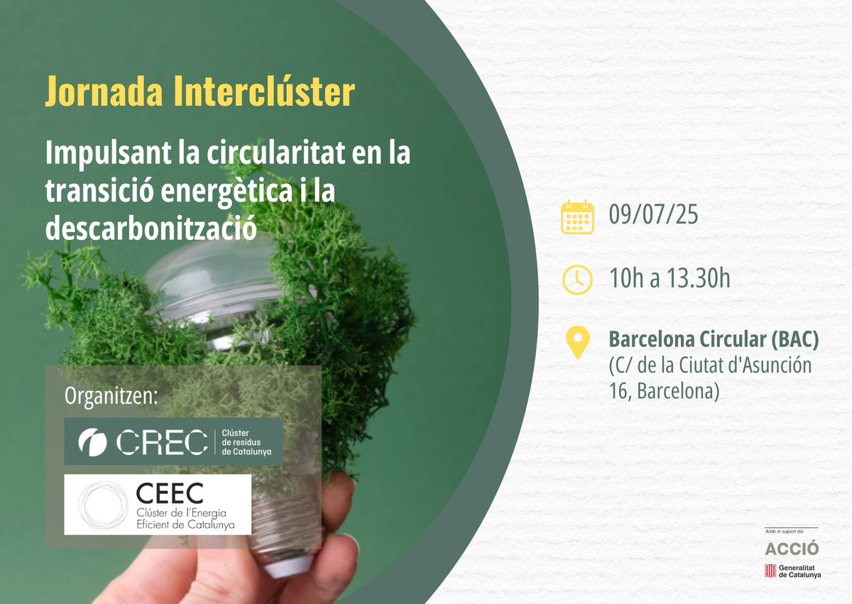 clusterEE's tweet image. 🔄 JORNADA INTERCLÚSTER | Impulsant la circularitat en la transició energètica i la descarbonització

El 9 de juliol, el @ClusterResidus  i el #CEEC celebrem una jornada interclúster a Barcelona Circular, adreçada exclusivament als membres dels clústers.

Posarem el focus en els…
