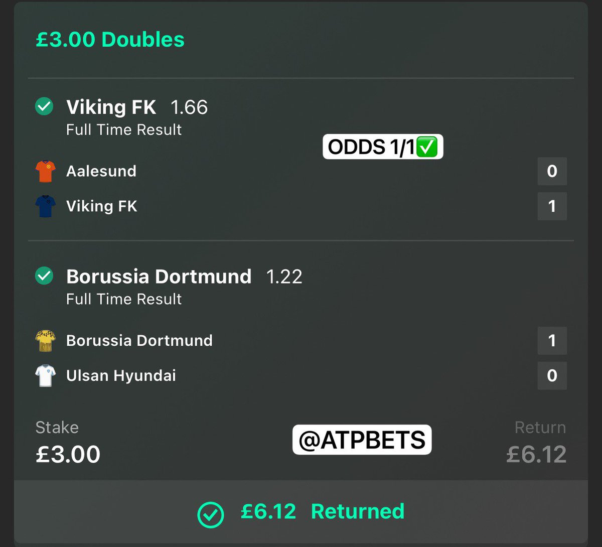 ATPBETSs's tweet photo. WINNER✅✅✅
Congratulations To You All🥳

That’s 2 Bets In 1 Day🔥

ODDS 1.89✅ 1/1✅

All Bets On Telegram First
Join For FREE 👉 https://t.co/ukUgQqGEKS

Please LIKE❤️ If You Got On https://t.co/qIPUyBEBKp