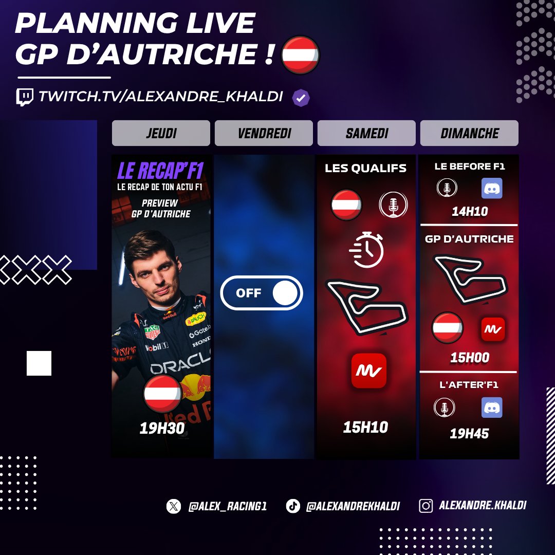 Alex_Racing1's tweet photo. 🏁 Le programme de ce GRAND week-end de #F1 pour le #AustrianGP ensemble ! 🇦🇹
On se retrouve ce soir à 19h30 pour le #RecapF1 Preview du GP ! 🍿
Un GROS dimanche de GP avec le watchalong de la course 👀 https://t.co/jA9XyKLhqI
