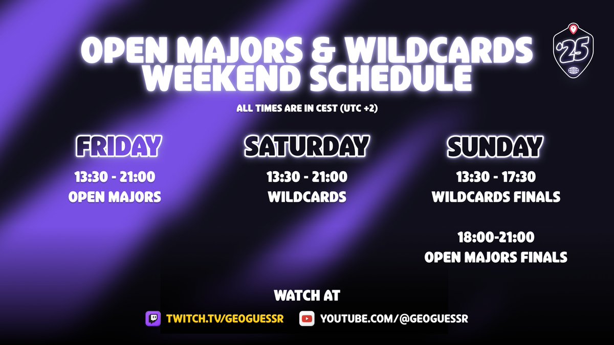 GeoGuessr (@geoguessr) on Twitter photo Get ready for a STACKED weekend of GeoGuessr Esports!!
Fri: Open Majors 
Sat: Wildcards 
Sunday: We'll get to see winners & which 2 players gonna join the World Championships in August!!
CAN'T WAIT!!!
More info 👇 Get ready for a STACKED weekend of GeoGuessr Esports!!
Fri: Open Majors 
Sat: Wildcards 
Sunday: We'll get to see winners & which 2 players gonna join the World Championships in August!!
CAN'T WAIT!!!
More info 👇