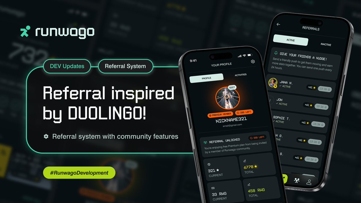 RUNWAGO: Referral inspired by DUOLINGO!
#RunwagoDevelopment

Runwago aims to become the greatest running app, with millions of users! A referral system with community features is one of the tools to achieve this goal! 
Get ready: <a href="/runwago/">Runwago</a> is coming!

#Runwago #UltimateEmotions