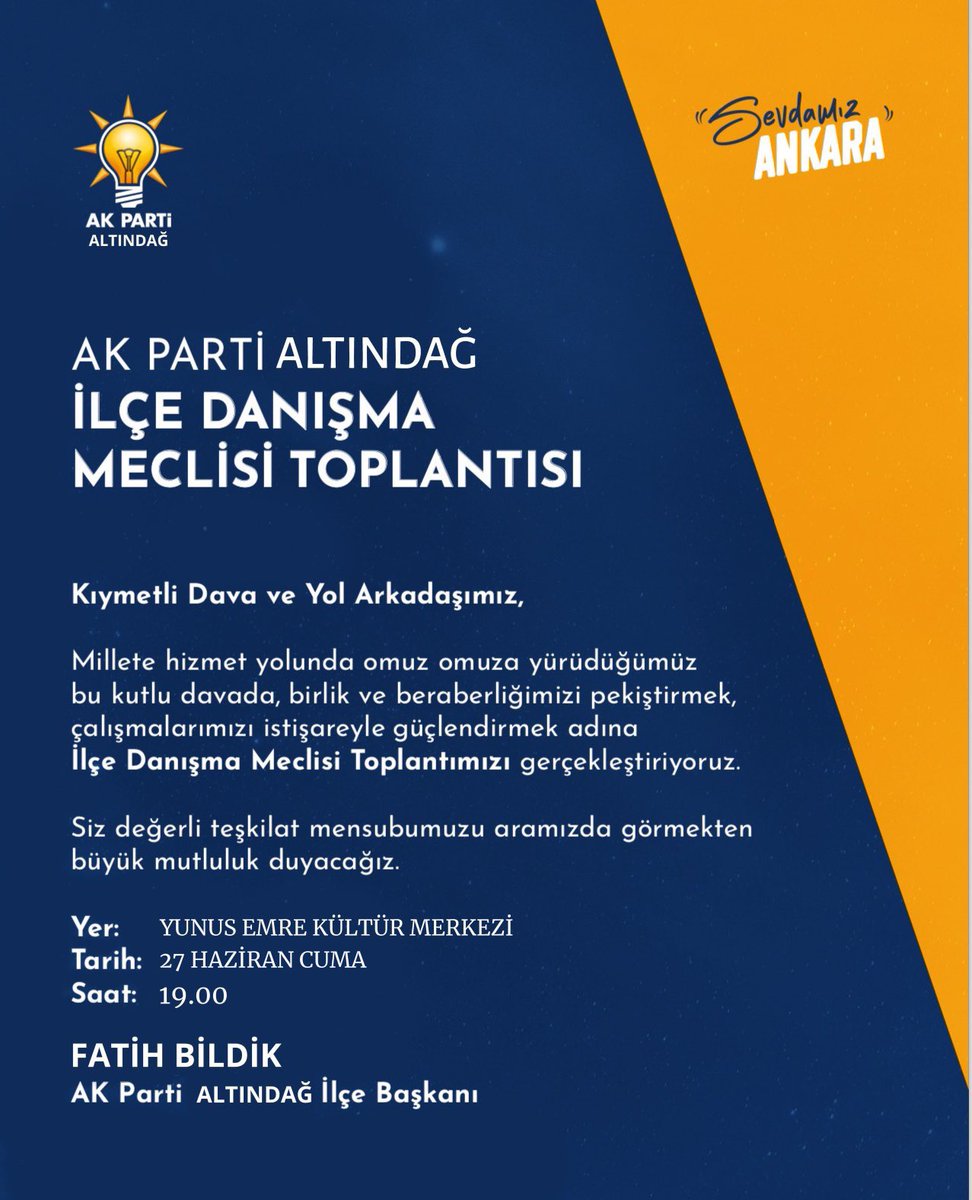 Fatih BİLDİK 🇹🇷 (@fatih__bildik) on Twitter photo 27 Haziran Cuma İlçe Danışma Meclisi Toplantımızı büyük bir çoşkuyla gerçekleştiriyoruz.
Tüm teşkilat mensuplarımız davetlidir.
⏰ 19:00
📍 Yunus Emre Kültür Merkezi
#KalbimizAltındağ
<a href="/RTErdogan/">Recep Tayyip Erdoğan</a>
<a href="/hakanhanozcan/">Hakan Han ÖZCAN 🇹🇷</a> 27 Haziran Cuma İlçe Danışma Meclisi Toplantımızı büyük bir çoşkuyla gerçekleştiriyoruz.
Tüm teşkilat mensuplarımız davetlidir.
⏰ 19:00
📍 Yunus Emre Kültür Merkezi
#KalbimizAltındağ
<a href="/RTErdogan/">Recep Tayyip Erdoğan</a>
<a href="/hakanhanozcan/">Hakan Han ÖZCAN 🇹🇷</a>