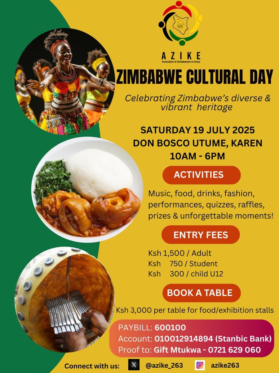📣 Calling All Vendors &amp; Exhibitors!

Join Zimbabwe Cultural Day 2025 — the ultimate culture fest in Kenya!

💰 Stall fee: KSh 3,000
📲 MPESA Paybill: 600100 | Acc: 010012914894 (Stanbic)
📤 Send proof: 0721 629 060 (Gift)

Book now!

#ZimCulturalDay2025 #VendorCall
