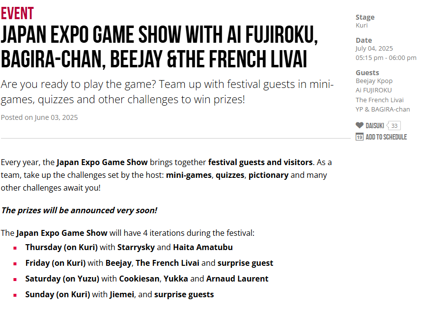 ✦━━━━2025.07.05━━━━✦
<a href="/japanexpo/">Japan Expo ⛩🗼</a>
JAPAN EXPO GAME SHOW
in JAPAN EXPO Paris 2025
x.gd/SItro
✦━━━━━EVENT━━━━━✦
<a href="/bagira_kawaii/">バギラちゃんだ！🐈‍⬛💞😈</a>  

✧OTHER GUEST✧
Beejay Kpop
Ai FUJIROKU
The French Livai