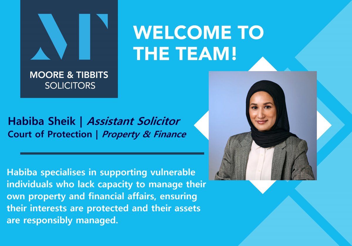 We are delighted to welcome Habiba Sheik to our Court of Protection Team! Read more about Habiba and her role here: bit.ly/3TI83mc 

#welcometotheteam