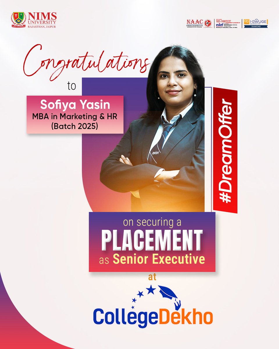 Congratulations to Sofiya Yasin, MBA in Marketing &amp; HR (Batch 2025), for securing a prestigious placement as Senior Executive at CollegeDekho! 

Your dedication, skills, and passion have paved the way for this incredible achievement. We're proud to see our students achieving