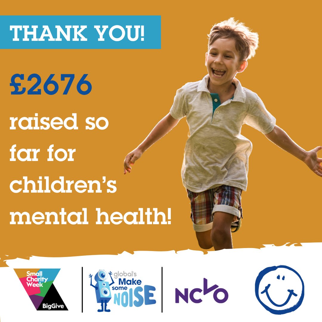 Blue Smile (@bluesmilecam) on Twitter photo Thank you so much to everyone who has donated so far to our Small Charity Week appeal- together, we've raised £2676 for children's mental health! 🎉There's still time to donate and make double the difference: donate.biggive.org/campaign/a05WS…
<a href="/BigGive/">Big Give</a> <a href="/makenoise/">Global's Make Some Noise</a> <a href="/NCVO/">NCVO</a>
#SmallCharityWeek Thank you so much to everyone who has donated so far to our Small Charity Week appeal- together, we've raised £2676 for children's mental health! 🎉There's still time to donate and make double the difference: donate.biggive.org/campaign/a05WS…
<a href="/BigGive/">Big Give</a> <a href="/makenoise/">Global's Make Some Noise</a> <a href="/NCVO/">NCVO</a>
#SmallCharityWeek