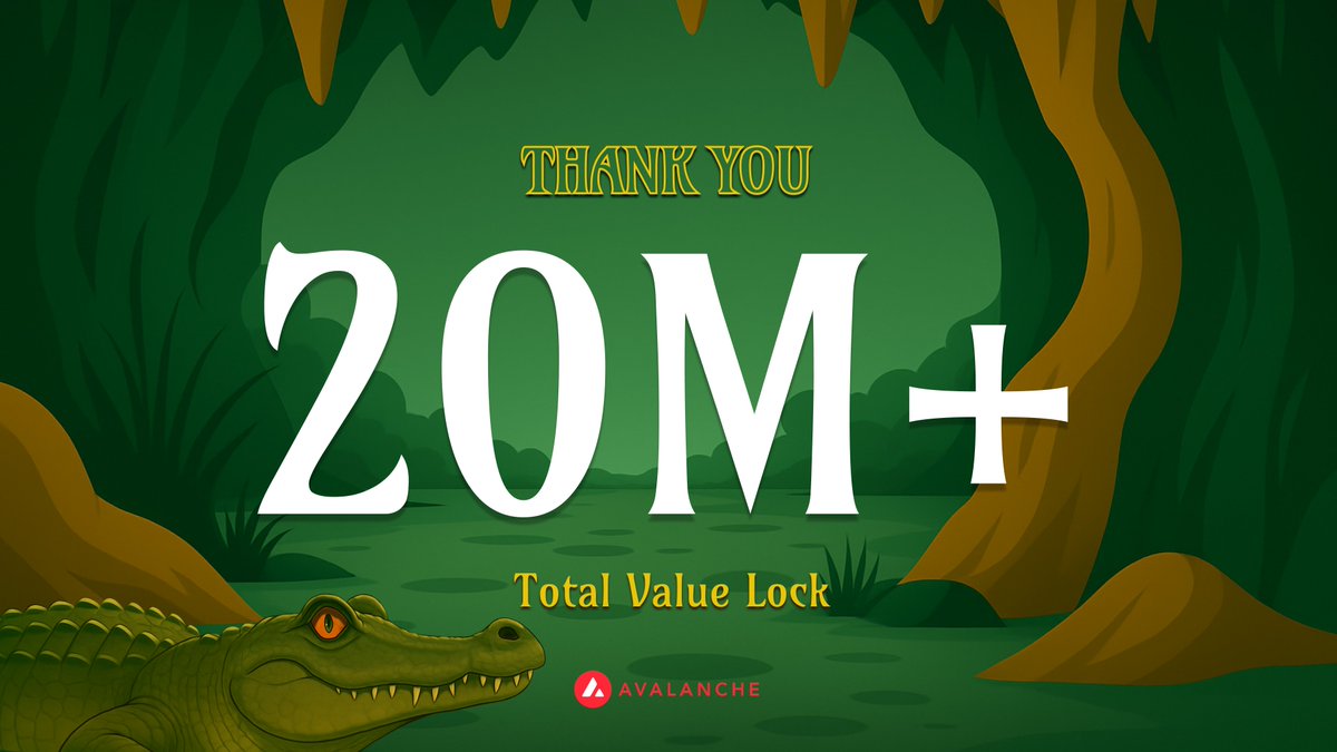 🥇 The Swamps surpassed $20 MILLION TVL 🐊

We’re on the verge of top 15 by TVL on <a href="/avax/">Avalanche🔺</a> — and we’re not slowing down. 🔺

Liquidity’s flooding in. LPers are feasting.
Get in or get eaten:
crocodile.finance/swamps
