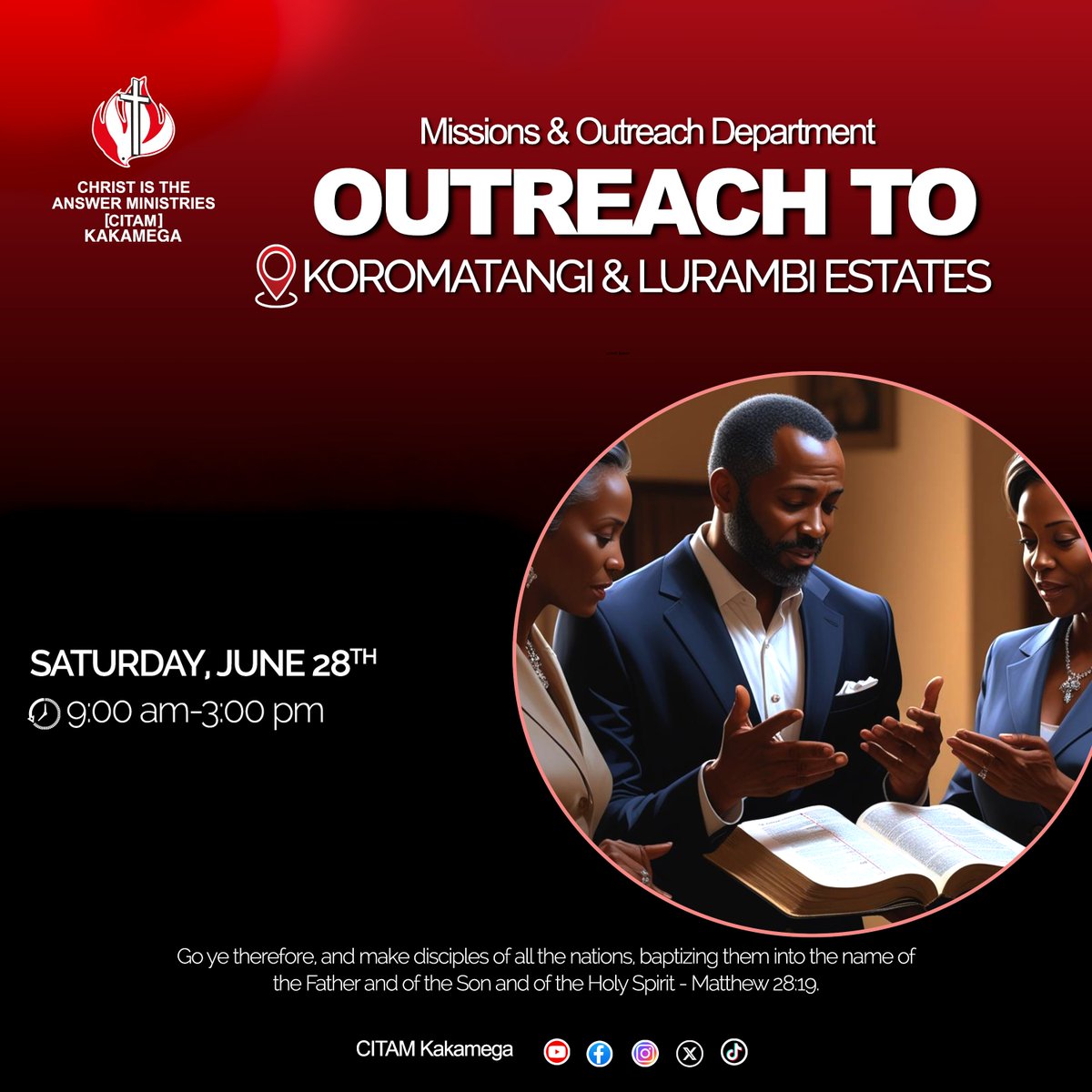 📢 Outreach Saturday!
Join us on June 28th for a mission to Koromatangi &amp; Lurambi Estates
🕘 9:00AM–3:00PM
Let’s share Christ’s love and make disciples in our community. 💬📖
#CITAMKakamega #MissionsAndOutreach #TheKingdomPulse #BeyondSunday #Matthew2819