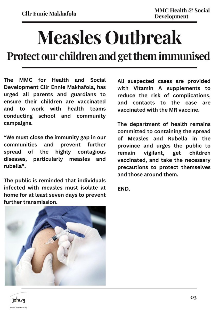 ‼️MUST READ‼️

As we face a worrying surge in measles cases, the MMC for Health and Social Development, Cllr Ennie Makhafola highlights it is critical that we act swiftly to protect our children. Vaccination remains the most powerful tool we have to prevent severe illness and