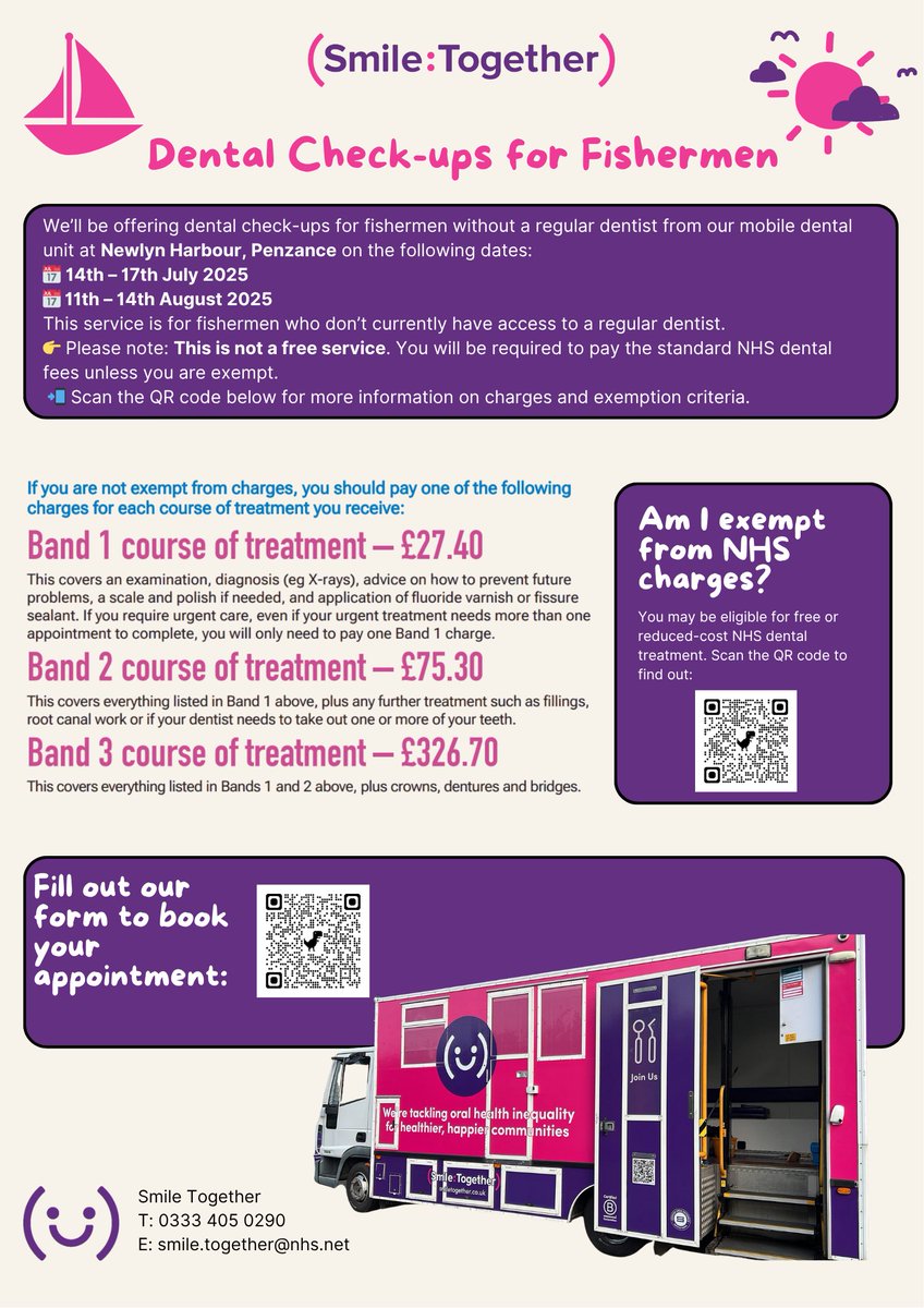 FishMishSeaFit's tweet image. Some exciting news! Fishermen the @SmileTogetherUK dental van will be in #Newlyn 14th to 17th July & 11th to 14th Aug. 9am to approx 4.30pm book appts using QR code @thefishmish @seahospital