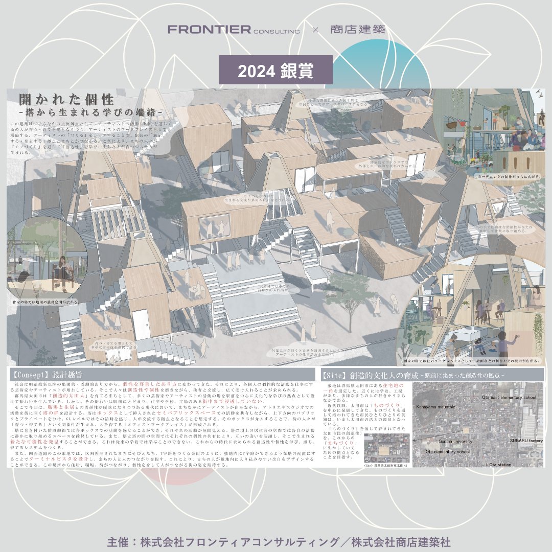 OFFICE DESIGN COMPETITION
〜働く人と働く場所の未来をつくる学生コンペ〜
第3回テーマ「True Diversity 秩序の再考」

 昨年開催された第2回より、多数の応募の中から銀賞を受賞した作品をご紹介します。

【銀賞】
開かれた個性 - 塔から生まれる学びの端緒 -

【審査員コメント】