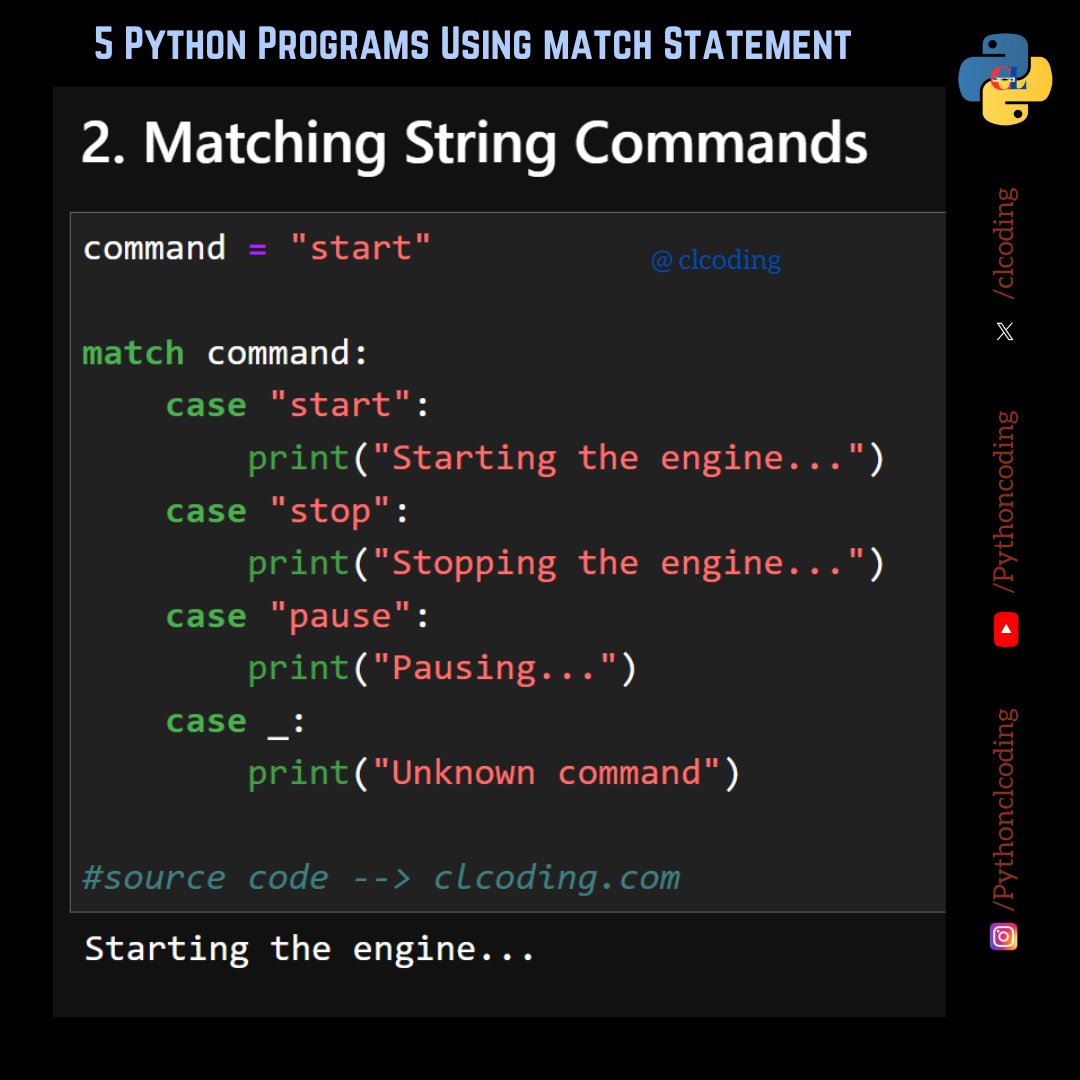 clcoding's tweet image. 4 Python Programs Using Match Statement