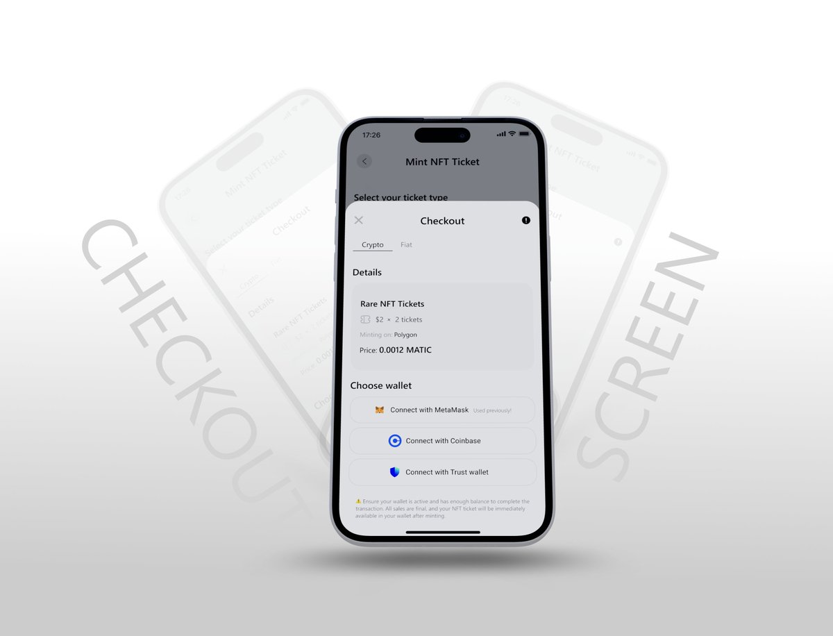 ay90613's tweet image. I Just designed a clean NFT Ticket Checkout UI for a Web3 ticketing platform.
Users can pay with card or crypto and instantly mint their ticket as an NFT no confusion, no friction.
If you're building in Web3, fintech, and need sleek, conversion-focused design...👋🏽 Let's work.