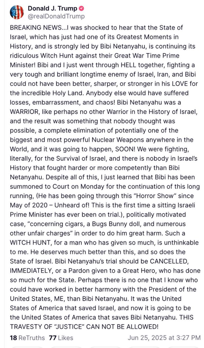 one_ods's tweet image. The President of the United States Donald Trump who ran on the "America First" platform advocating for a foreign leader ie Israel Prime minister "Benjamin the Nefarious Netanyahu" to be pardon for his multiple corruption, bribery, fraud and breach of trust. Please retweet and…