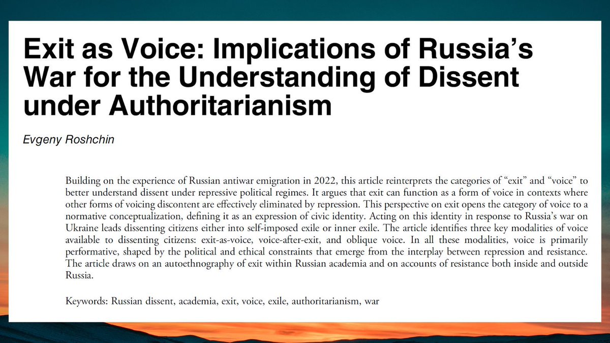 NOW OUT ON FIRSTVIEW!!

Exit as Voice: Implications of #Russia’s #War for the Understanding of #Dissent under #Authoritarianism

By Evgeny Roshchin

doi.org/10.1017/S15375…