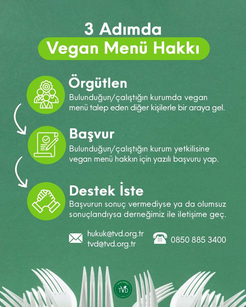 Üc Adımda Vegan Menü Hakkı 🍽️

1️⃣ Örgütlen
Bulunduğun/çalıştığın kurumda vegan
menü talep eden diğer kişilerle bir araya gel.

2️⃣ Başvur
Bulunduğun/çalıştığın kurum yetkilisine vegan menü hakkın için yazılı başvuru yap.