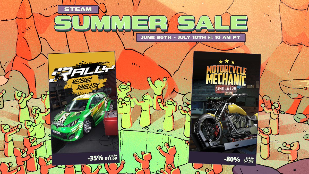 ☀️ The #SteamSummerSale has begun! ☀️
Fix cars. Tune bikes. Make chaos. Save big.

🔧 Rally Mechanic Simulator – 35% OFF
store.steampowered.com/app/1588090/Ra…

🏍️ Motorcycle Mechanic Simulator 2021 – 80% OFF
store.steampowered.com/app/1078760/Mo…

🛒 Grab your tools and start your summer build session