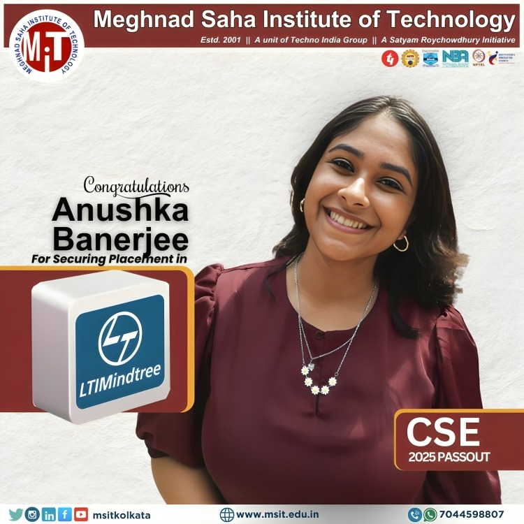msitkolkata's tweet photo. 🌟 Big congrats to Anushka Chatterjee (CSE, MSIT) for landing a role at @LTIMindtreeOFCL ! 💼🚀

From cracking codes to cracking interviews — you're an inspiration! 💻✨
The tech world is lucky to have you. 🙌 https://t.co/YTKRRvDIJT