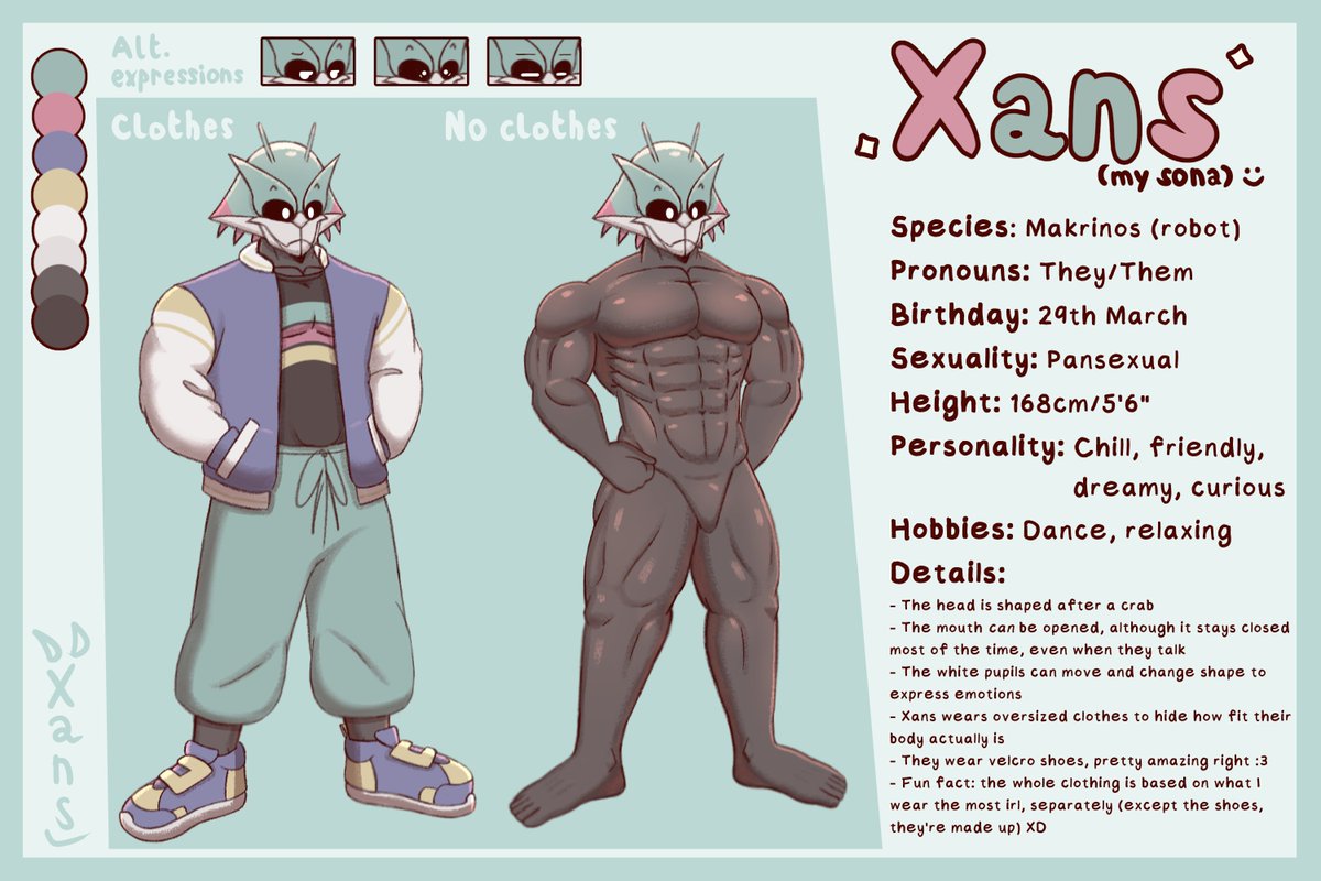 XanstAlt's tweet image. Aaand here's Xans, my new sona! 🦀✨
I poured my heart into designing them to reflect me as best as possible, so I hope you’ll give them a warm welcome! :3
(Also yes, they inherited Rafik’s old vest, he and Raz will get a redesign later on 👀)
Retweets are appreciated! 💖
#oc