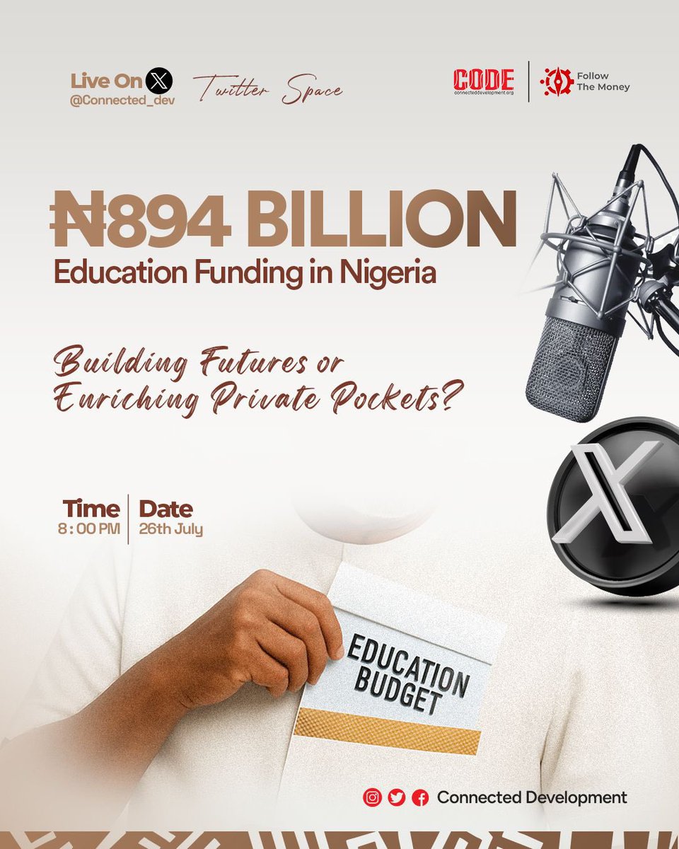 Connected_dev's tweet photo. #SpaceAlert! Set a reminder for our upcoming space by 8pm Today!🗣️
Set reminder via https://t.co/sa9TAARQiQ
It is no longer news, that Nigeria’s education budget falls below the 15-20% allocation recommended by UNESCO. The question is how effectively and judiciously is the limited available fund being used?🤷♀️
Our public schools are still plagued by dilapidated structures, over crowded classes & halls for lack of sufficient buildings, broken furniture, etc which begs the question is Nigeria’s Education Funding building futures or simply enriching a few private pockets?🤔
Join us by 8pm today on @Connected_dev’s X-Space as we dissect N894 Billion cumulative spending for Education across 34 states, compare it with the state of education facilities on ground and recommend citizens-led solutions for improved service delivery!
#XSpace #QualityEducation4All #QualityEducation #IlimantarDaDukYanMata