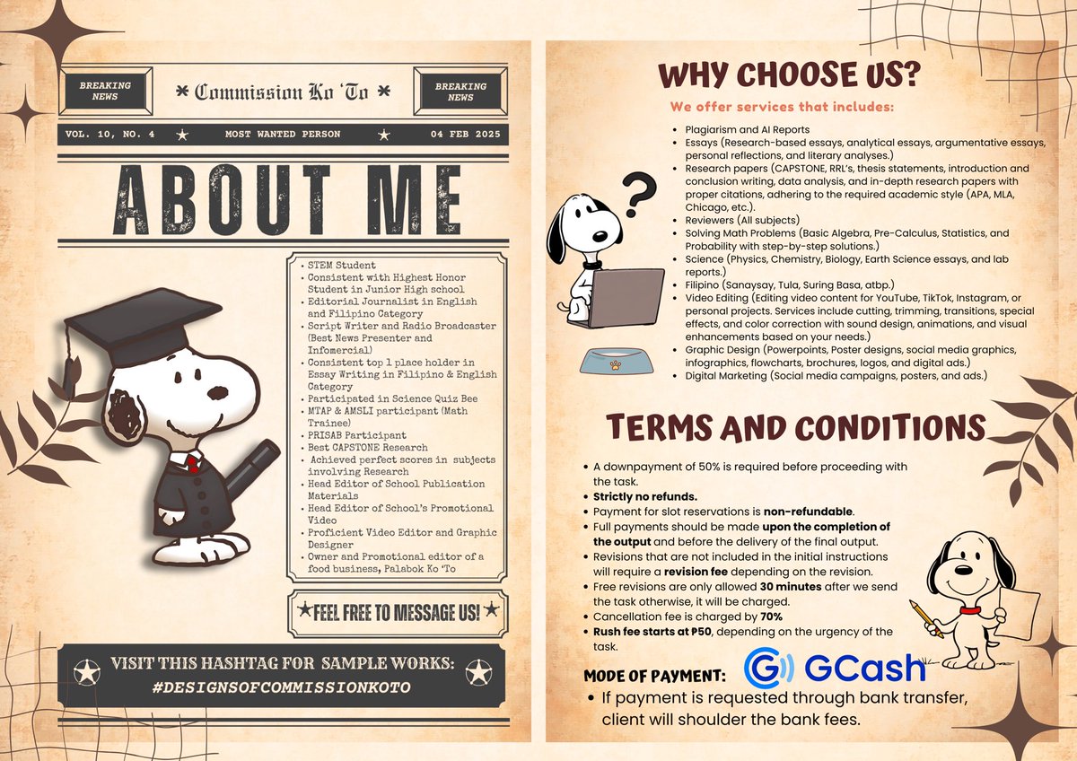 Overwhelmed with schoolwork or projects? 💻✍️

Let Commission Ko ‘To handle it for you! We deliver high quality work for an affordable price! ✨

#FeedbackKoTo
#commsX

❀Tags: lf clients academic commissioners research commissioners thesis commissioners graphic designer