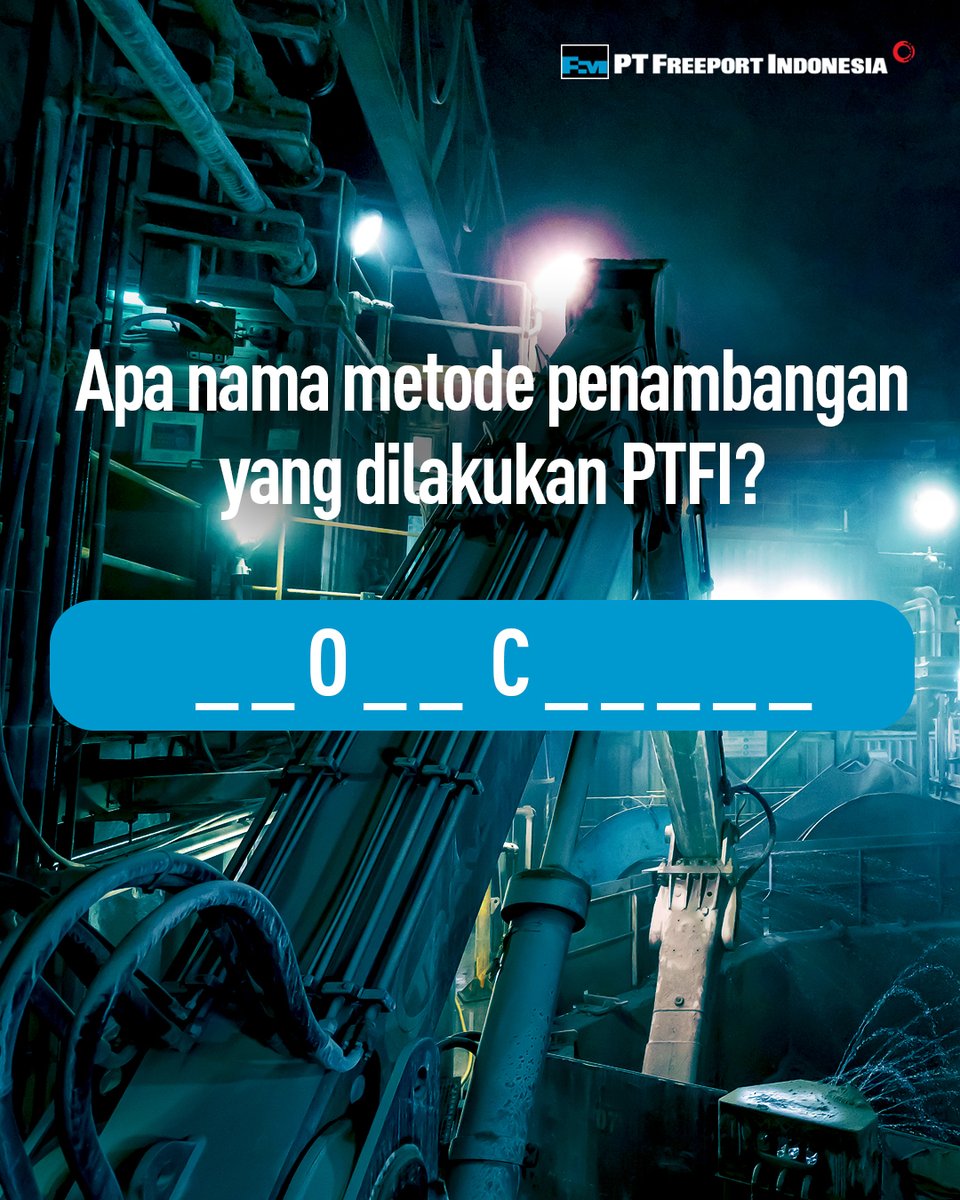 IDFreeport's tweet image. Freeporters, apa nama metode penambangan apa yang saat ini digunakan PT Freeport Indonesia?

Jawab pertanyaannya di kolom komentar. Siapa tahu kamu yang beruntung dapat hadiahnya 👇

Jangan lupa simak syarat dan ketentuannya, ya!

#FreeportIndonesia #KitaFreeportIndonesia