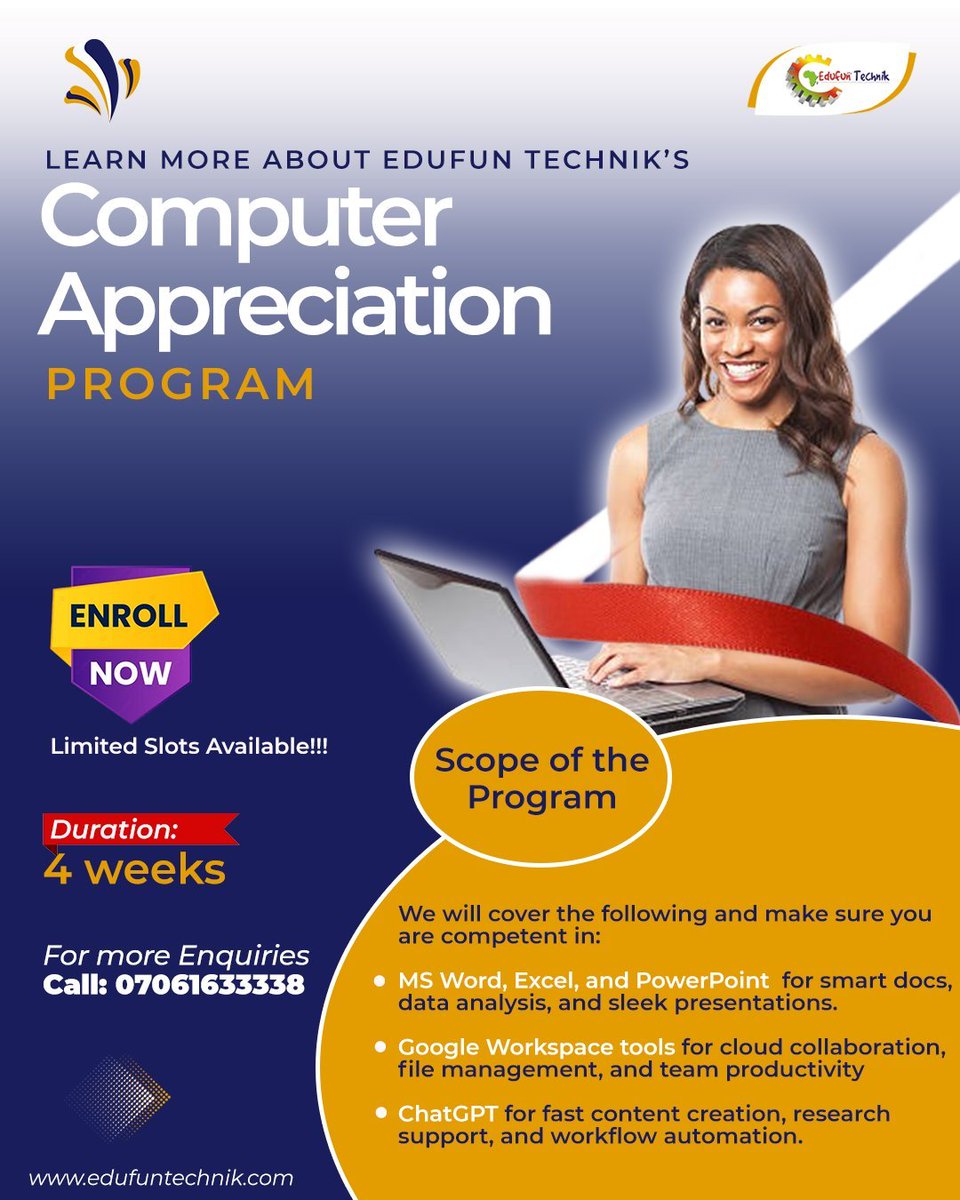 edufunSTEMnig's tweet photo. Ready to master digital tools like Word, Excel, PowerPoint, Google Workspace & ChatGPT?
Join our 4-week #ComputerAppreciation Program.
Call 07061633338 to enroll.
#TechSkills #DigitalReady #STEMeducation https://t.co/NmxkJ7w6LD