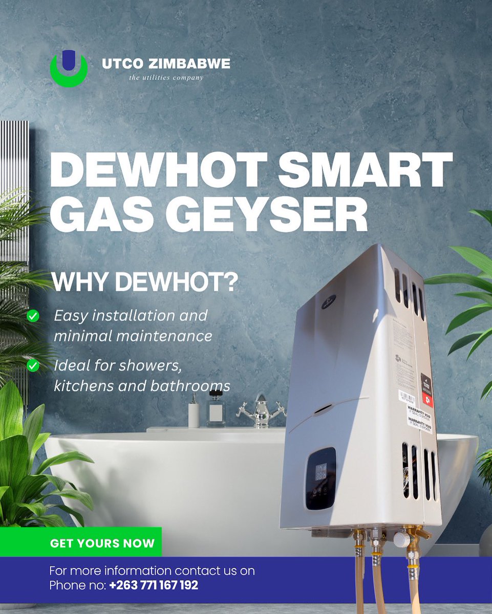 UTCOZimbabwe's tweet photo. 🟩 The Dewhot Smart Gas Geyser gives you hot water on demand—perfect for showers, kitchens, and bathrooms.

With its easy installation and low maintenance, you’ll have reliable hot water even during loadshedding.🚿💧

📲 Contact us at | +263 771 167 192 https://t.co/fh5pUJ4D8T