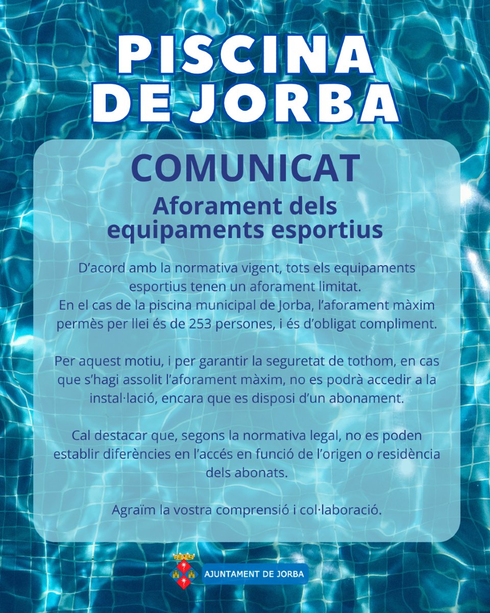 ➡️ COMUNICAT  Aforament dels equipaments esportius
D’acord amb la normativa vigent, tots els equipaments esportius tenen un aforament limitat, com és el cas de la piscina que l’aforament màxim és de 253 persones 
Consulteu tot el comunicat a ℹ️ jorba.cat