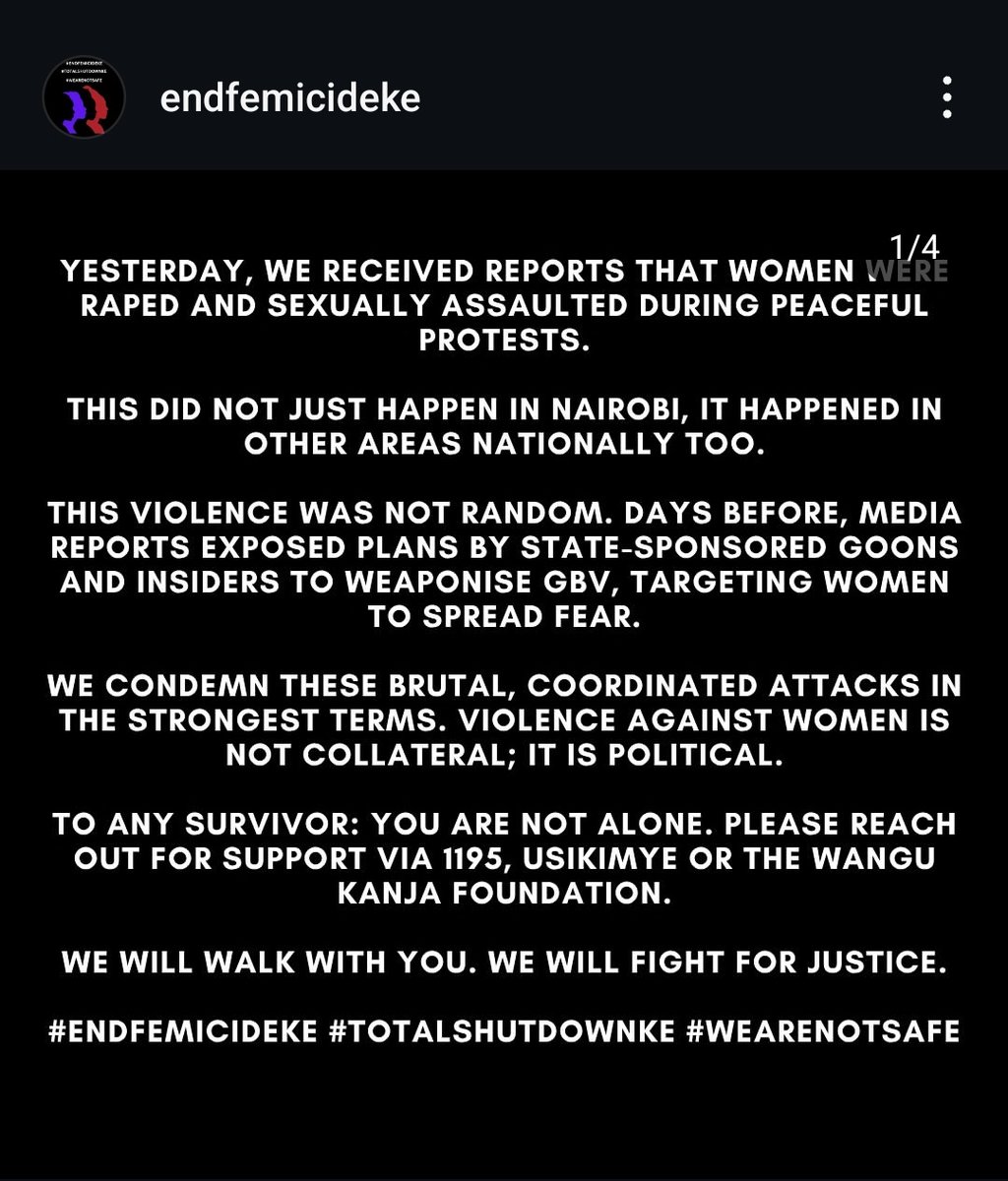WOMEN WERE RAPED DURING PROTESTS.

This is not collateral. It is calculated. It is political. It is state-enabled gendered violence.

<a href="/IG_NPS/">Inspector General of Police- Kenya.</a> wants to pretend it's not happening?

WE. ARE. NOT. SAFE. 

WE ARE COMING FOR EVERY SYSTEM THAT LET THIS HAPPEN.

#ProtegoWH #YouDidThis