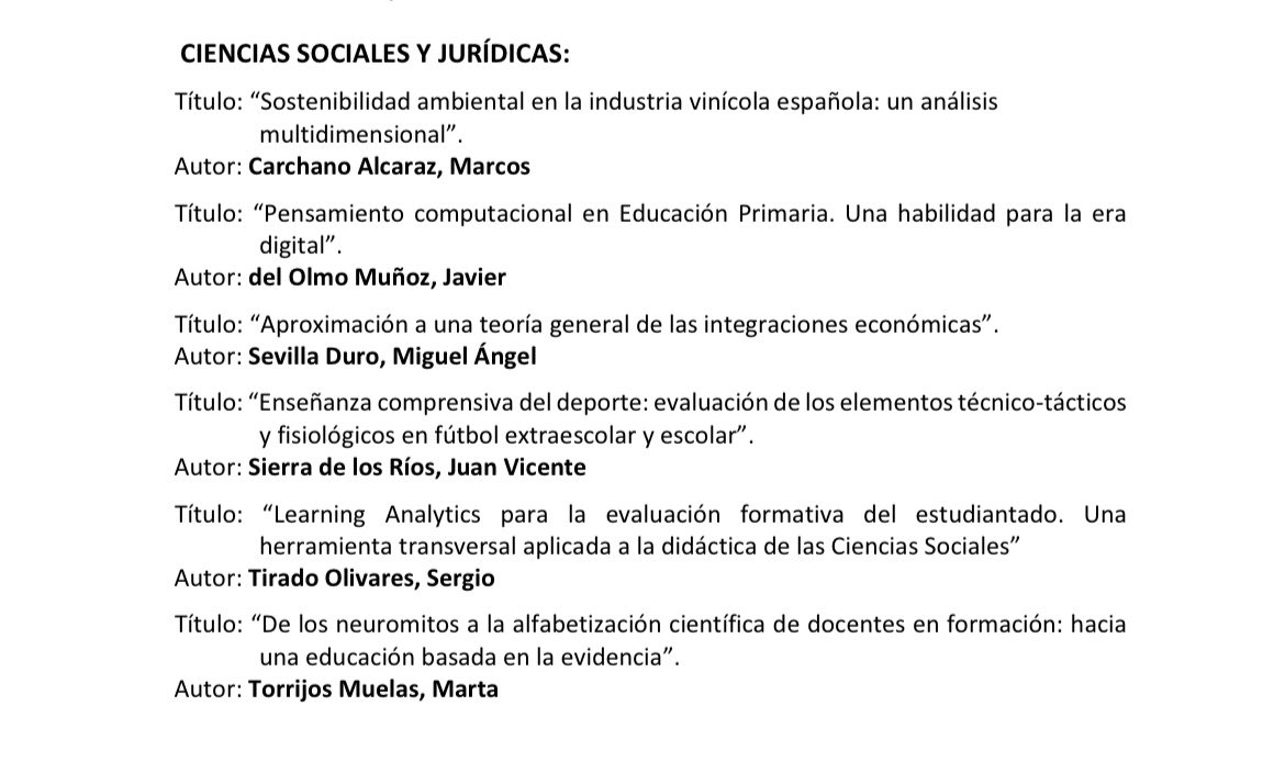 Sixto González-Víllora (@sixtogonzalezv) on Twitter photo Es un placer recibir noticias de este tipo…
Dos premios extraordinarios de Tesis Doctoral en Ciencias Sociales en la <a href="/uclm_es/">Universidad de Castilla-La Mancha</a>‼️
Fue un gusto acompañar, asesorar, ayudar en el camino a la Dra <a href="/ProfMT_UCLM/">Marta</a> y al Dr <a href="/JuanVi_sr/">Juan Vi Sierra de los Ríos</a>
Enhorabuena a ambos por el excelente trabajo 😜👍 Es un placer recibir noticias de este tipo…
Dos premios extraordinarios de Tesis Doctoral en Ciencias Sociales en la <a href="/uclm_es/">Universidad de Castilla-La Mancha</a>‼️
Fue un gusto acompañar, asesorar, ayudar en el camino a la Dra <a href="/ProfMT_UCLM/">Marta</a> y al Dr <a href="/JuanVi_sr/">Juan Vi Sierra de los Ríos</a>
Enhorabuena a ambos por el excelente trabajo 😜👍