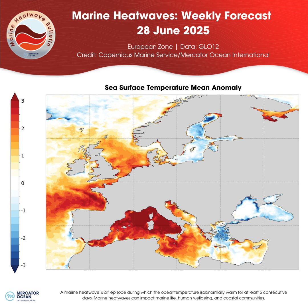 MercatorOcean's tweet image. This week's #MercatorOcean Marine Heatwave Bulletin indicates that European seas are affected by multiple MHWs:
⬆️MHWs intensifying off western #France and #Spain
⬆️MHW is developing in the #NorthSea
⬆️MHW in the western #Mediterranean is increasing
🔗mercator-ocean.eu/bulletin/marin…
