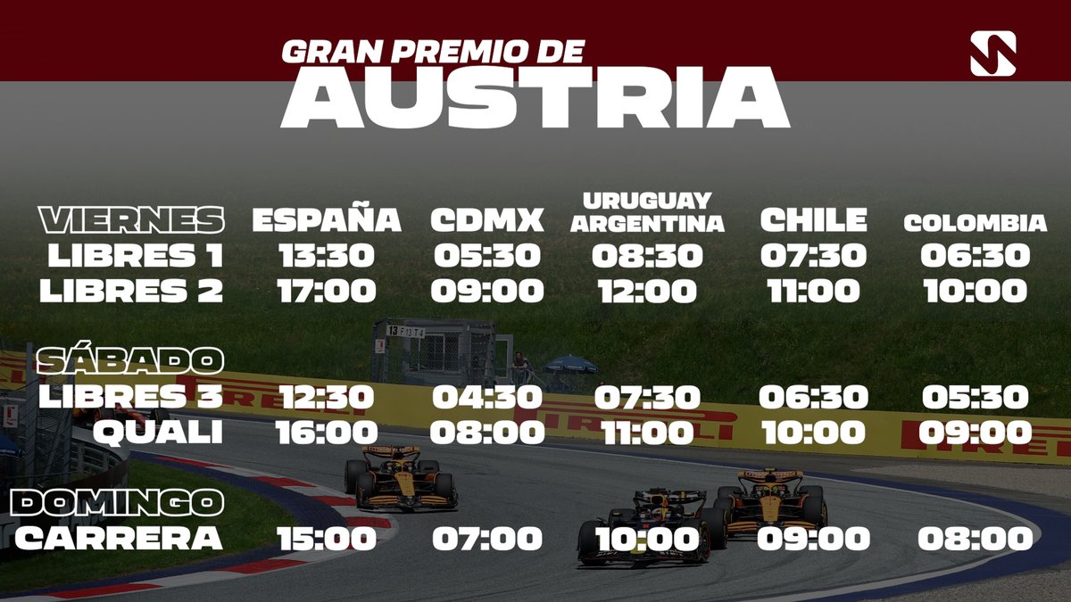 victorabadf1's tweet photo. 🏁 H O R A R I O S 🏁

Tras el viaje a Montréal, la Fórmula 1 retoma su gira europea con uno de sus grandes circuitos: el Red Bull Ring, Gran Premio de Austria 🇦🇹.

Primera vez desde 2021 que este Gran Premio NO tiene formato F1 Sprint.

Comparte los horarios, salva una vida. https://t.co/gn56FCyksz