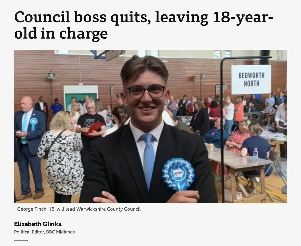 Would you trust the running of your council to an 18 year old?

Well, that's what's just happened in Warwickshire, where the recently elected council leader has already resigned - leaving George (18) in charge of £500 million of taxpayer money.

Reform are not a serious Party.