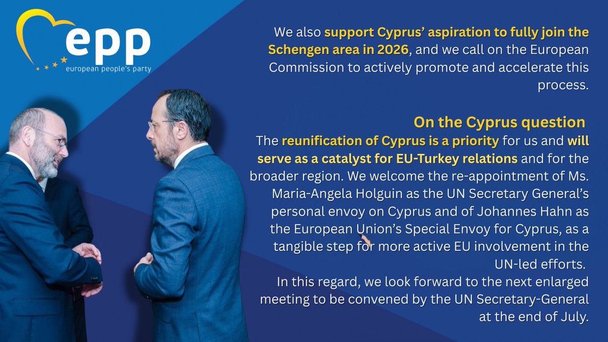 Η σημερινή δήλωση του <a href="/EPP/">EPP</a> και με τη συμμετοχή του <a href="/PresidentCYP/">President of the Republic of Cyprus</a> <a href="/Christodulides/">NikosChristodoulides</a>, αποτελεί ακόμα μια επιβεβαίωση της ευρωπαϊκής στήριξης στις εθνικές μας επιδιώξεις. Σε μια κρίσιμη συγκυρία για την Κύπρο και την περιοχή, επιτεύχθηκε η συμπερίληψη δύο στρατηγικών αναφορών που
