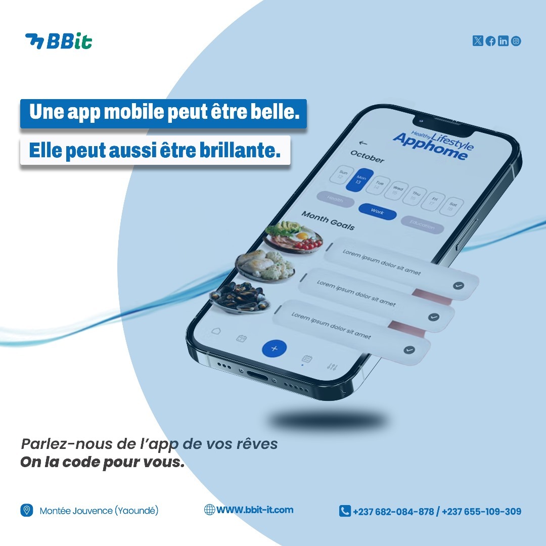 📱 Une app mobile peut être belle.
Mais si elle n'est pas efficace, elle sera oubliée.
Chez #BBITSarl, on code des apps qui convertissent.

📍 Yaoundé – Montée Jouvence
📞 682 084 878 / 655 109 309
🌐 bbit-it.com

#SmartApp #UXMobile #DéveloppementApp #TechForBusiness