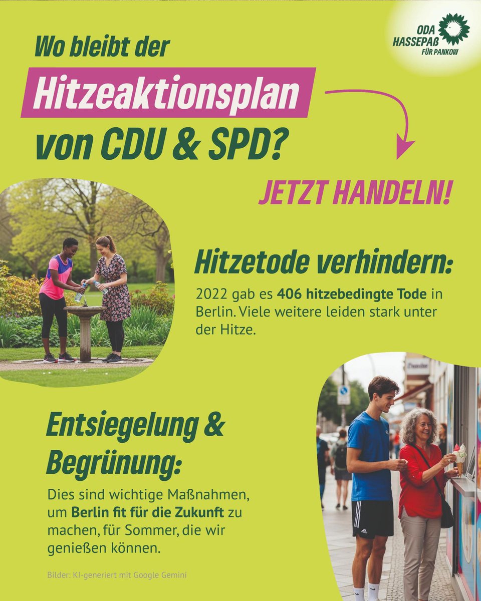 OdaHassepass's tweet image. 🌡️Hitze-Alarm in der Stadt. Und der versprochene Aktionsplan? Fehlanzeige. Die Berliner Regierung aus SPD und CDU hat einen Hitzeaktionsplan angekündigt – aber bis heute nicht geliefert. Höchste Zeit für mehr Grün in den Straßen. In den Parks. 
Auf den Dächern. An den Fassaden.💚