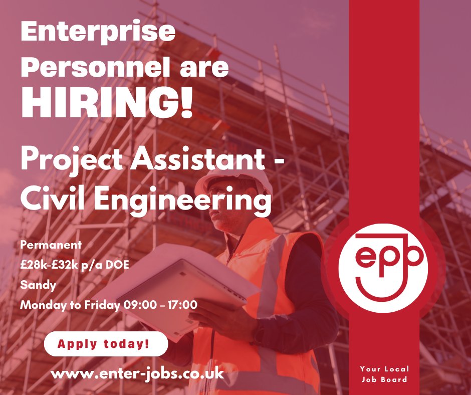 EnterJobs's tweet image. Enterprise Personnel’s client is recruiting a Project Assistant for their Civil Engineering team in Sandy.
Apply now via our website!

#ProjectAssistant #projectmanagement #ProjectAssistance #projectdevelopment #civilengineering #engineering #engineeringjobs #sandy #bedfordshire