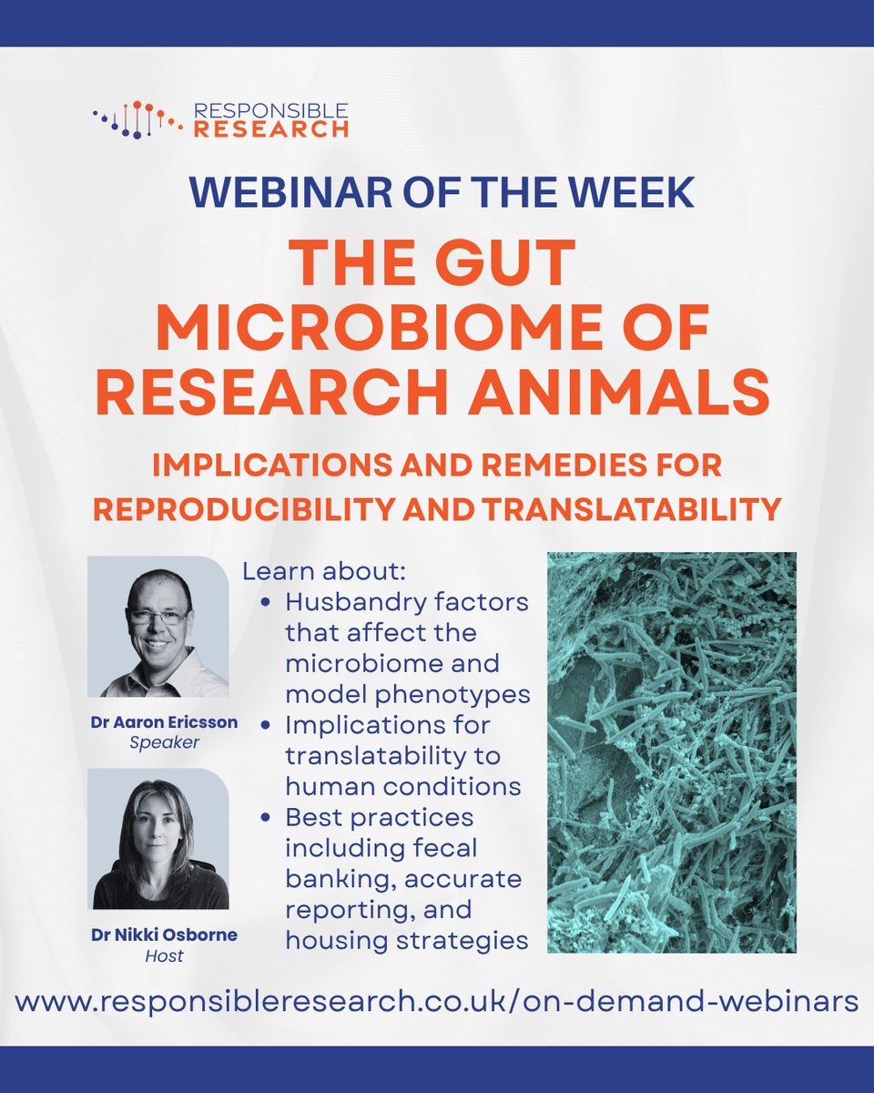 🔹 Webinar of the Week 🔹
Explore how the gut microbiome impacts the reliability &amp; translational value of animal research models in this on-demand webinar with Dr. Ericsson &amp; Dr. Osborne.
👉 Register: attendee.gotowebinar.com/register/21797…
#Microbiome #AnimalModels