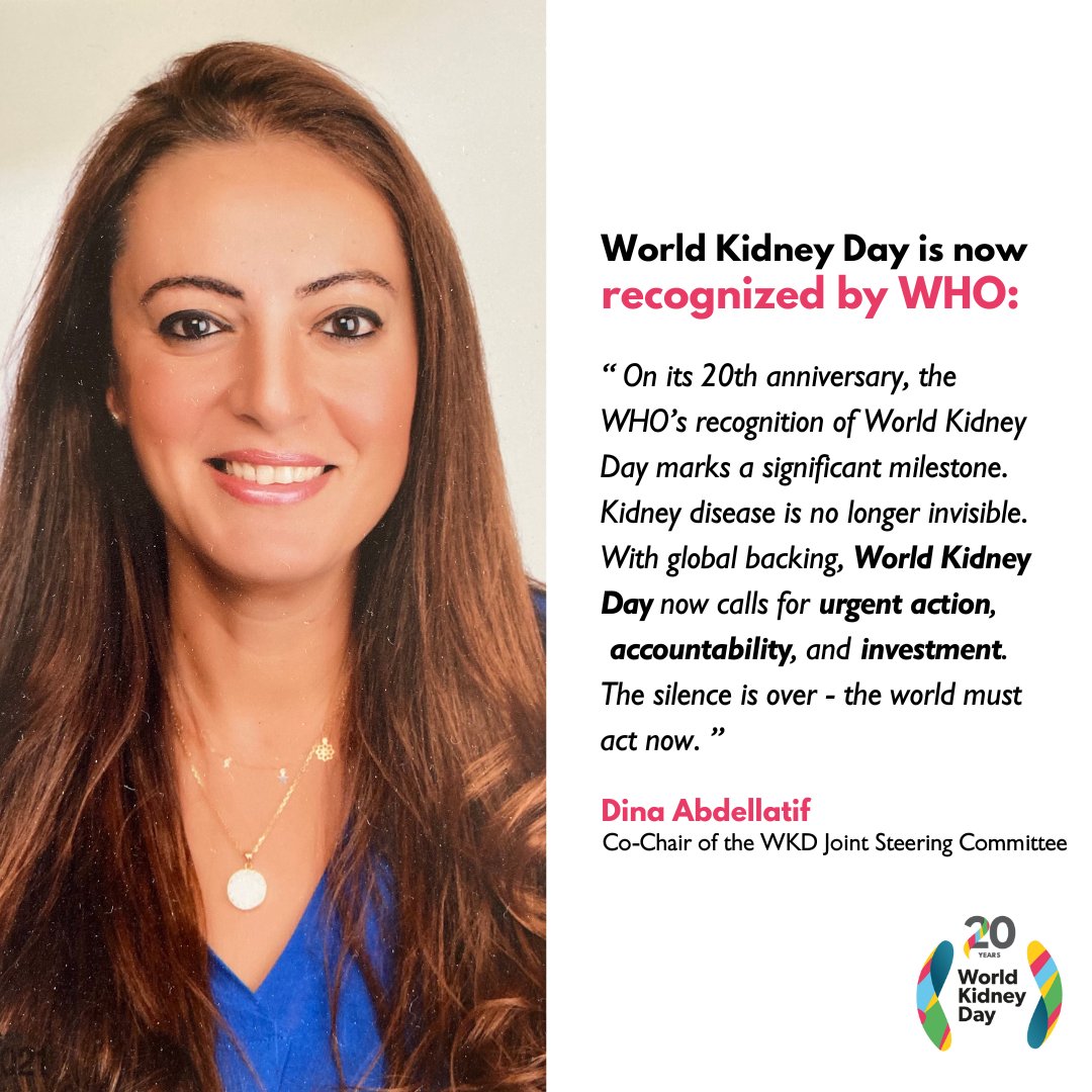 Following the recognition of World Kidney Day by WHO, Dina Abdellatif, Co-Chair of the WKD Joint Steering Committee, emphasized the importance of continuing to take action for kidney health worldwide.

Learn more about the WHO resolution 👉 apps.who.int/gb/ebwha/pdf_f…