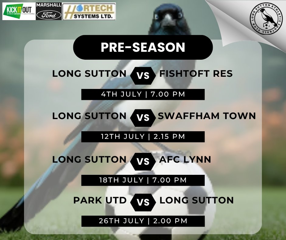 Long Sutton Athletic FC (@lsafc84) on Twitter photo ⚫⚪PRE-SEASON FIXTURES⚪⚫
We look forward to preparing for the new season with fixtures against <a href="/Swaffham_TownFC/">Swaffham Town FC</a> <a href="/FcFishtoft/">FISHTOFT FC</a> Reserves <a href="/AfcLynn/">AFC Lynn</a> and Park Utd.
It all begins next Friday night, let's go!!
<a href="/PDFLUK/">Peterborough & District Football League</a> <a href="/spaldingsport/">Spaldingsport</a> ⚫⚪PRE-SEASON FIXTURES⚪⚫
We look forward to preparing for the new season with fixtures against <a href="/Swaffham_TownFC/">Swaffham Town FC</a> <a href="/FcFishtoft/">FISHTOFT FC</a> Reserves <a href="/AfcLynn/">AFC Lynn</a> and Park Utd.
It all begins next Friday night, let's go!!
<a href="/PDFLUK/">Peterborough & District Football League</a> <a href="/spaldingsport/">Spaldingsport</a>