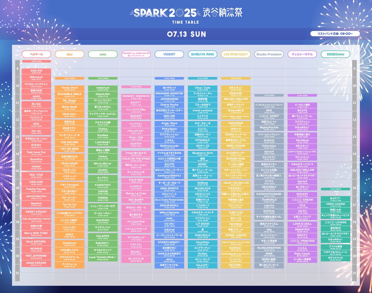 🎆#SPARK2025 渋谷納涼祭🎆

🎉タイムテーブル解禁🎉
7/12(土)7/13(日)2Days開催🎊

一緒に渋谷で最高の夏を過ごしましょう🎐

■各チケット一般販売受付中‼️
ticketdive.com/event/spark202…

#この後21時本祭開催発表💥