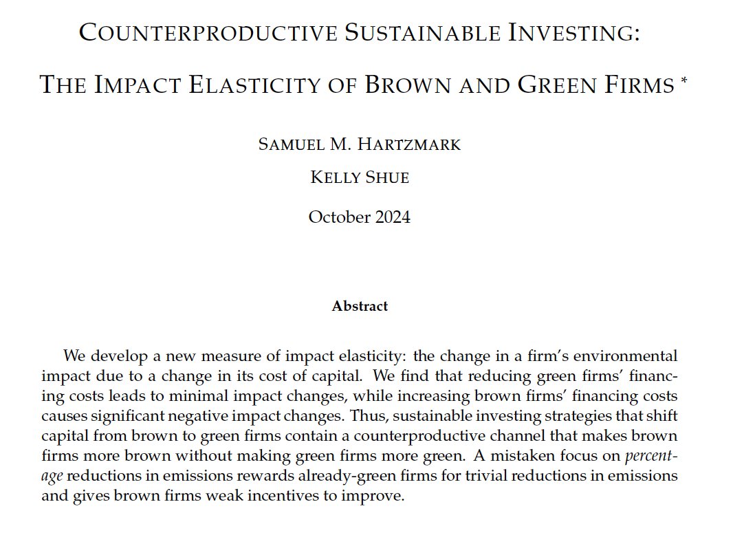 Detta verkar vara en rätt spännande artikel som menar att hållbara investeringar kan i viss mån vara kontraproduktiva. 

"sustainable investing strategies that shift
capital from brown to green firms ...  makes brown
firms more brown without making green firms more green."