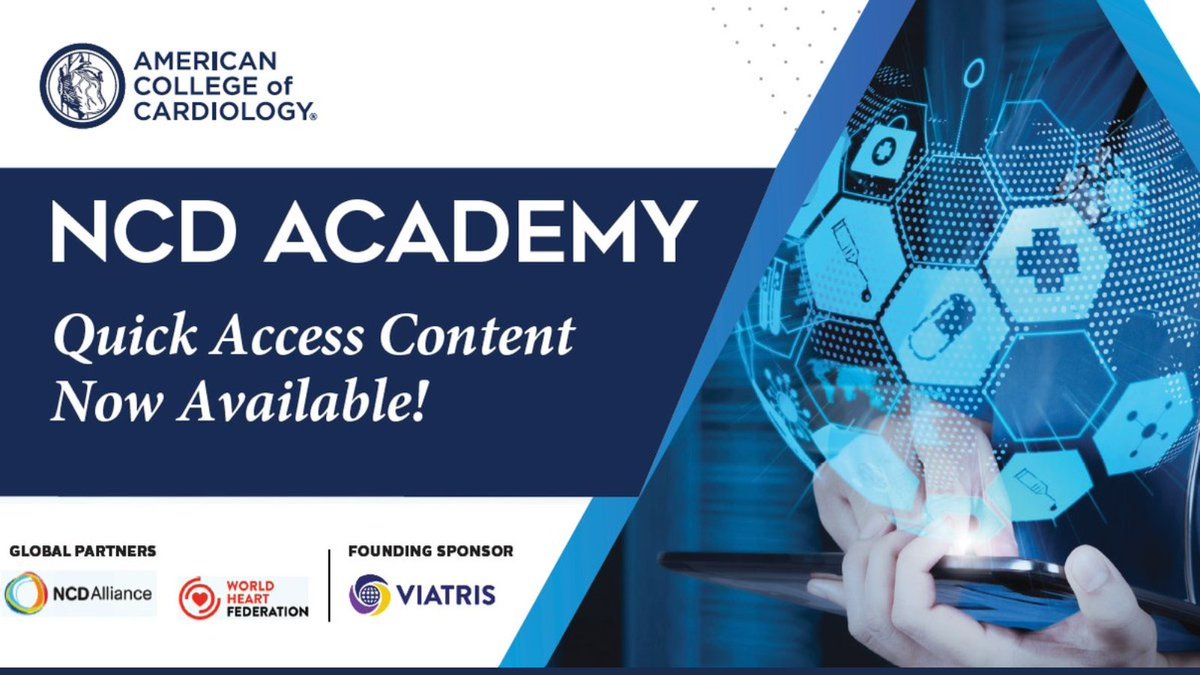 KansasACC's tweet image. 🎥 Dive into #NCDAcademy’s Quick Access Content—short, introductory videos covering a variety of critical health topics like 🦠 flu, 🧬 metabolic diseases, 💻 digital health solutions, and more!
Explore now: 🔗 bit.ly/41JXG6E
#ACCIntl