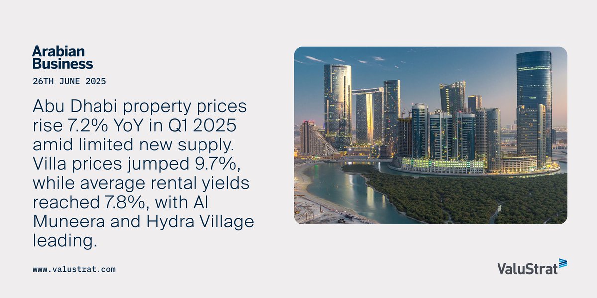 💡Abu Dhabi property prices rise 7.2% YoY in Q1 2025 amid limited new supply. Will strong demand and major projects, such as Disney on Yas Island, accelerate further growth?

📩 Get to know more: valustrat.com/pages/abu-dhab…

#Dubai #RealEstate #PropertyInsights #ValuStratResearch